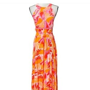 Vibrant Pink & Orange Floral Halter Maxi Dress length 49 p2p 16 no stretch